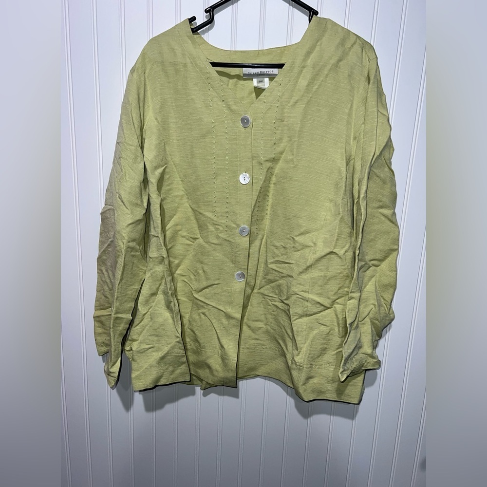 Susan Bristol Silk Linen Blend Green Cardigan| Size 2x